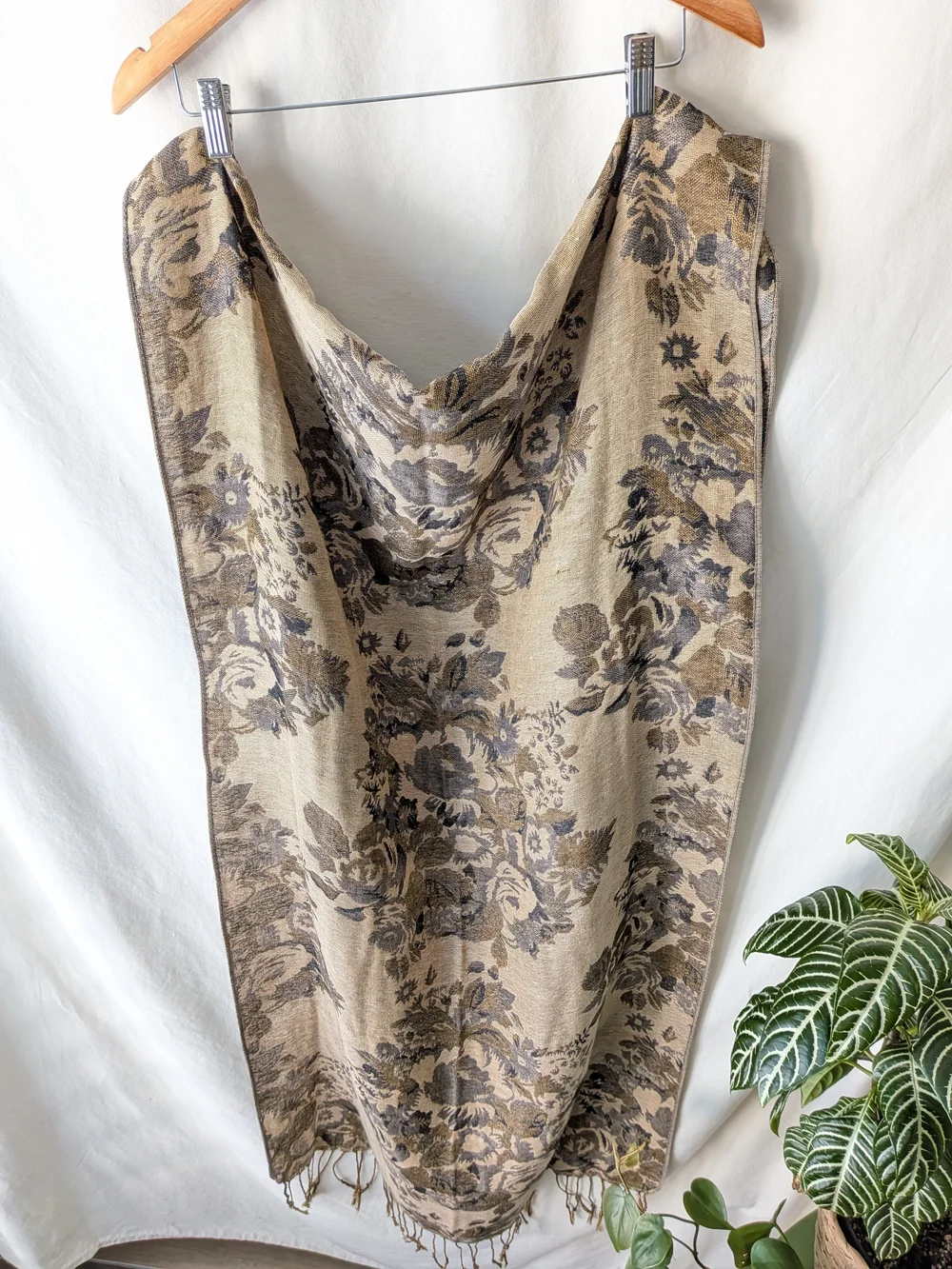 Floral Jacquard Fringe Wrap Scarf in Taupe and Black